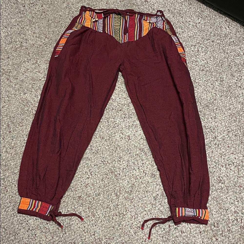Vintage Nepalese embroidered accent Bohemian Red Harem Pants